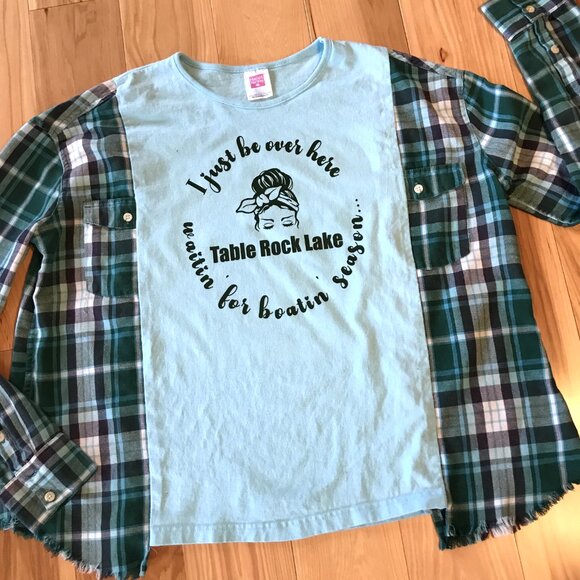 Table Rock Lake Oversized Graphic Tshirt, M-L: Boating Theme Flannel Tee Upcycle - Picture 5 of 9